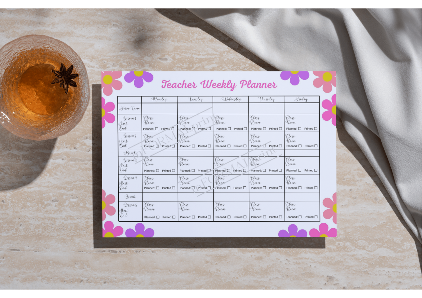 Printable Teacher Weekly Planner - Floral - 5 periods, 2-2-1 format